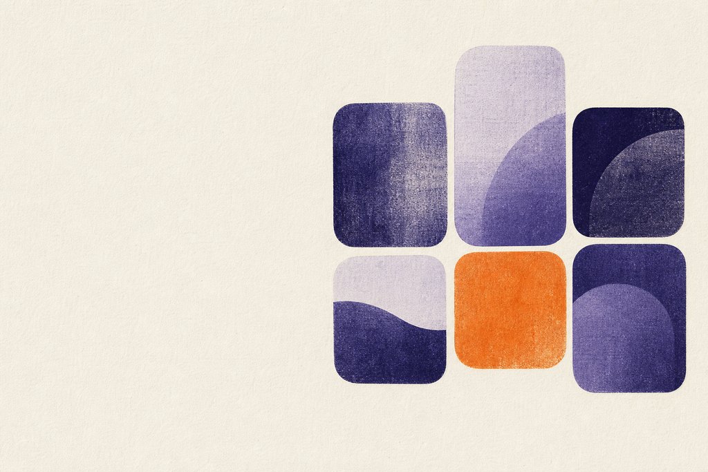 Abstract artwork of six rounded letter tiles clustered in two rows, one in tangerine ember