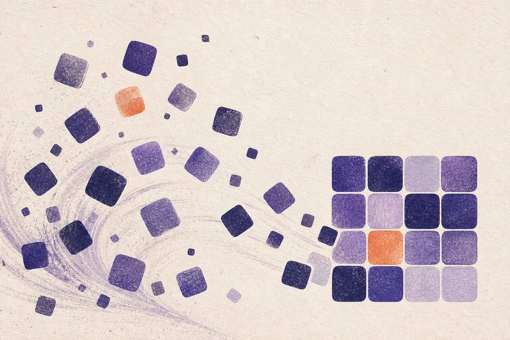 Abstract artwork of scattered letter tiles reassembling into order