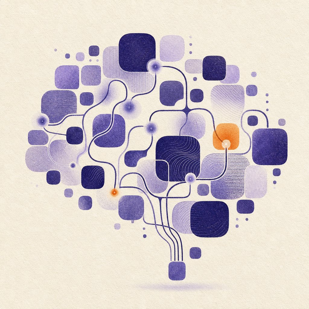 An abstract mind formed from small letter tiles and connecting lines, suggesting memory, recall and wordplay