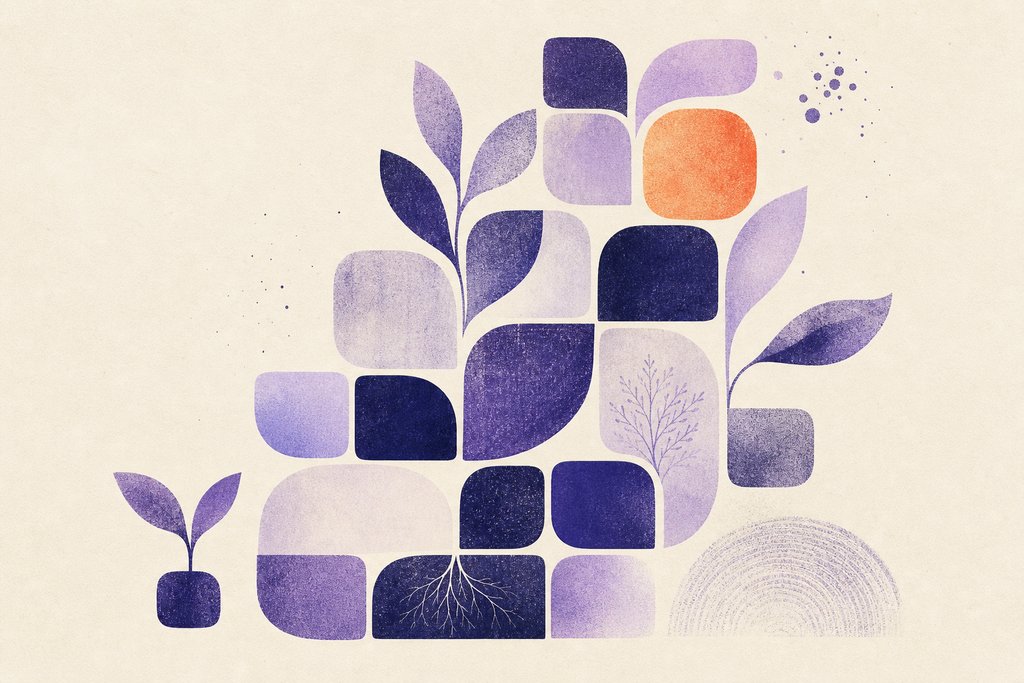 Abstract artwork of letter tiles blossoming outward like seeds