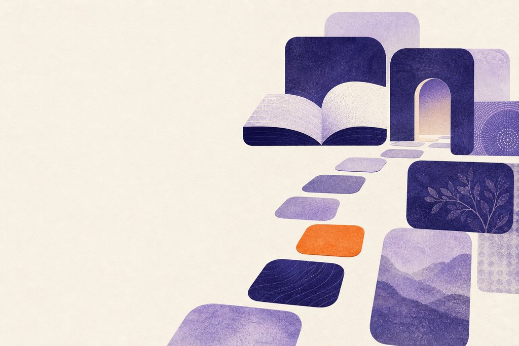 Abstract artwork of rounded tiles laid out as a stepping-stone path leading forward, evoking learning
