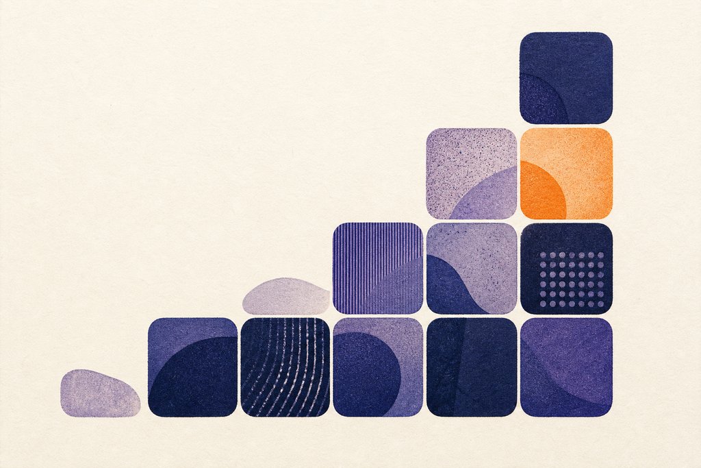 Abstract artwork of rounded letter tiles rising in a gentle staircase, one catching the light