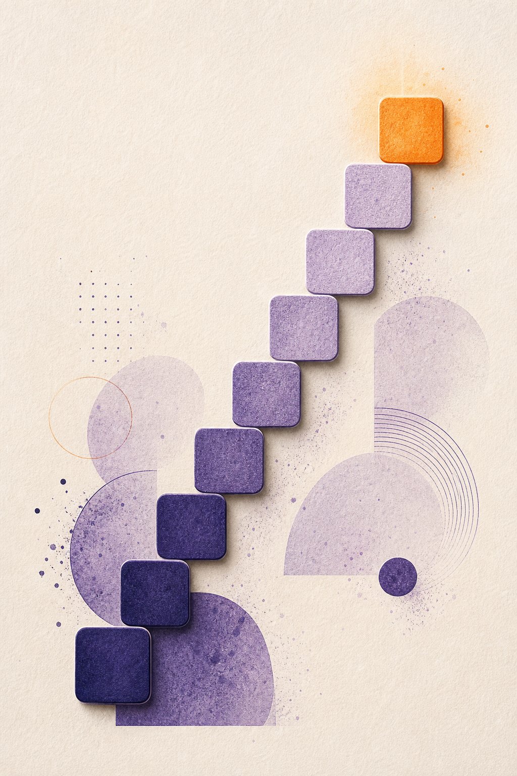 Letter tiles climbing a ladder one change at a time, from a dark start tile up to a bright tangerine goal tile