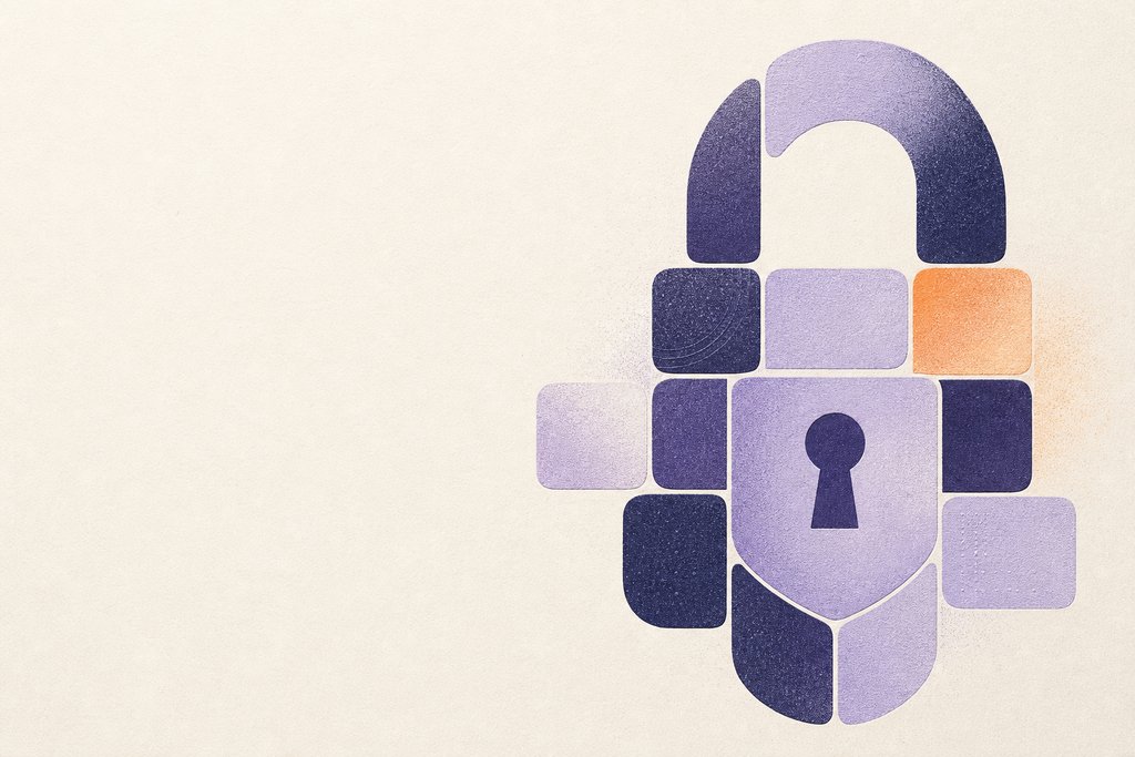 Abstract artwork of rounded tiles forming a soft padlock and shield, evoking on-device privacy