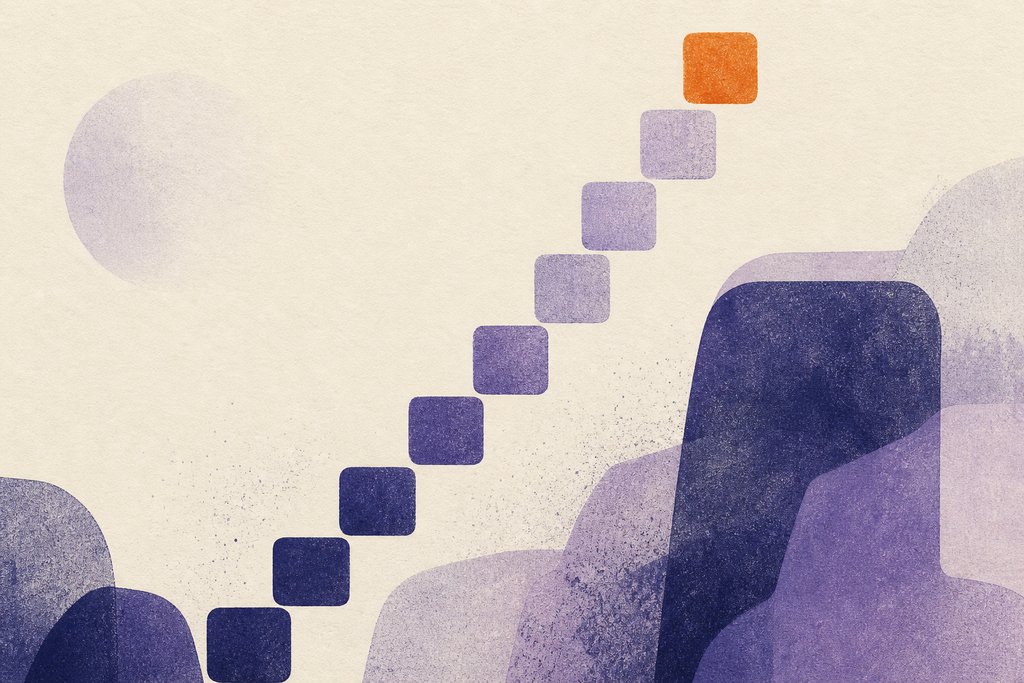 Abstract artwork of letter tiles climbing a ladder