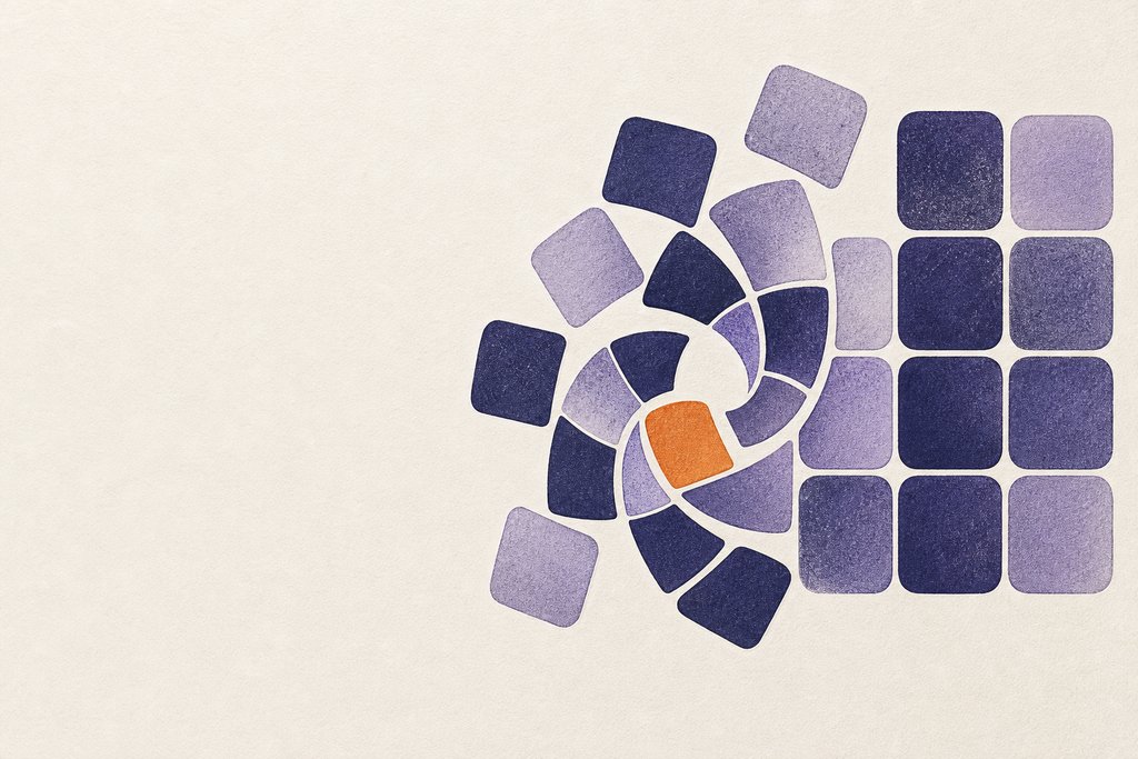 Abstract artwork of two tile motifs meeting — a swirl reassembling into order beside an aligned grid