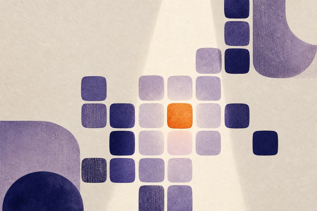 Abstract artwork of letter tiles aligned along a spotlight beam