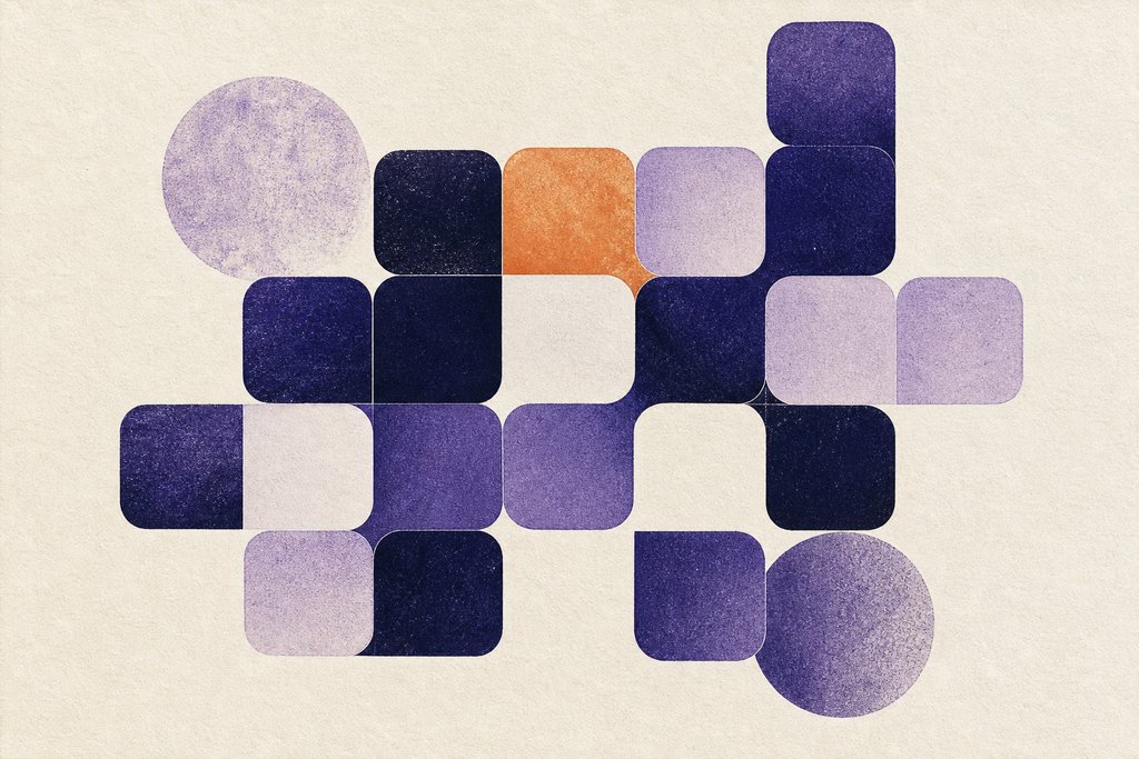 Abstract artwork of interlocking letter tiles in a considered pattern
