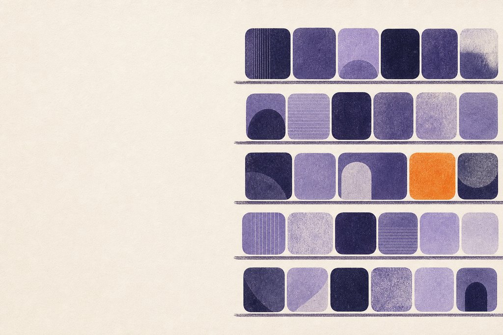 Abstract artwork of rounded letter tiles stacked in neat rows like shelves of a word library