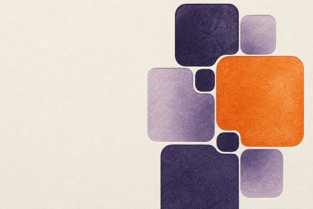 Abstract artwork of one bold tangerine tile standing out among muted violet tiles, evoking a prized Q